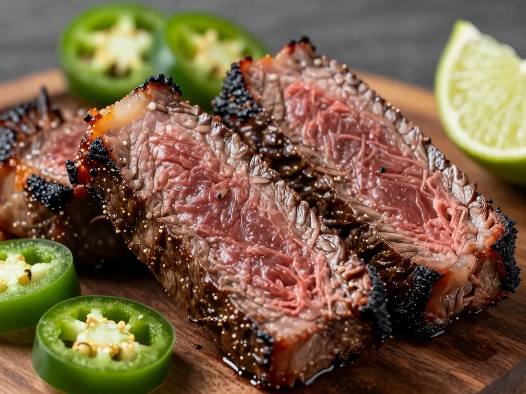 Close-up of juicy charred carne asada slices with cilantro, jalapeño, and lime