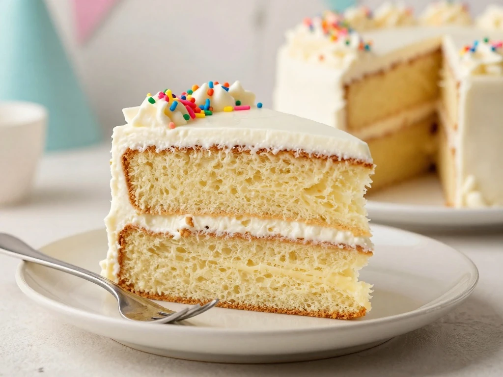 Rainbow sprinkles decorating white birthday cake frosting