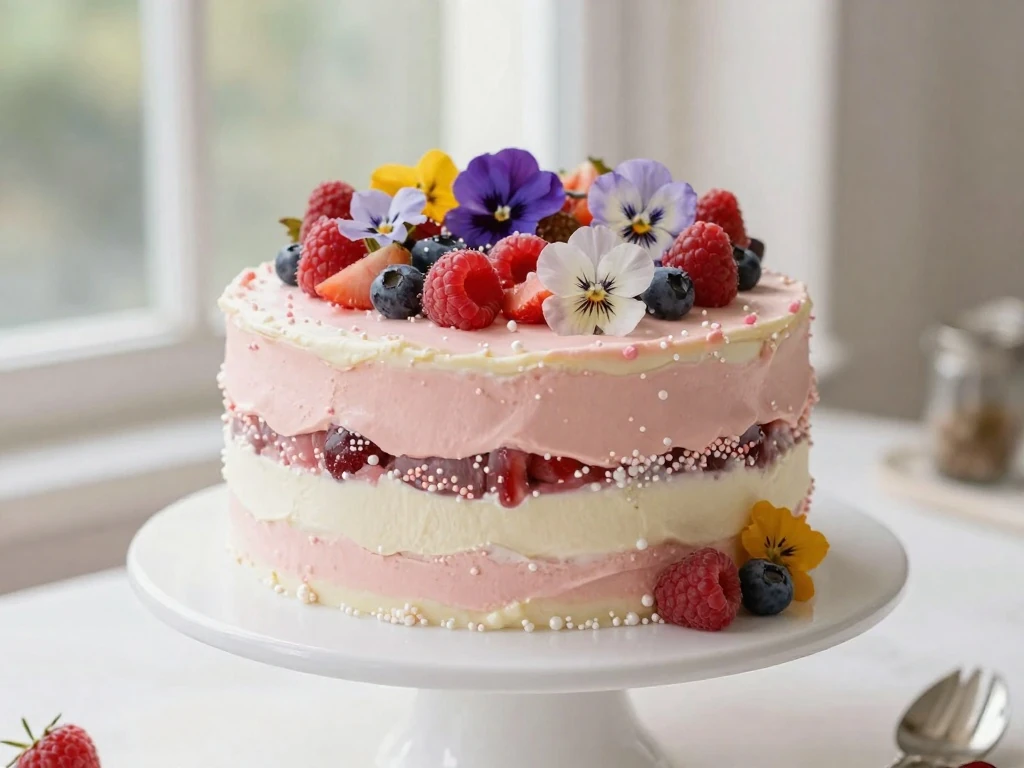 Elegant berry vanilla birthday cake for women on a white cake stand