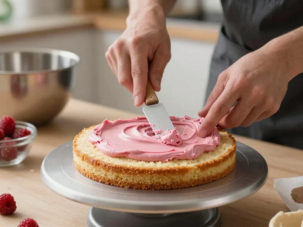 Spreading raspberry buttercream between vanilla cake layers