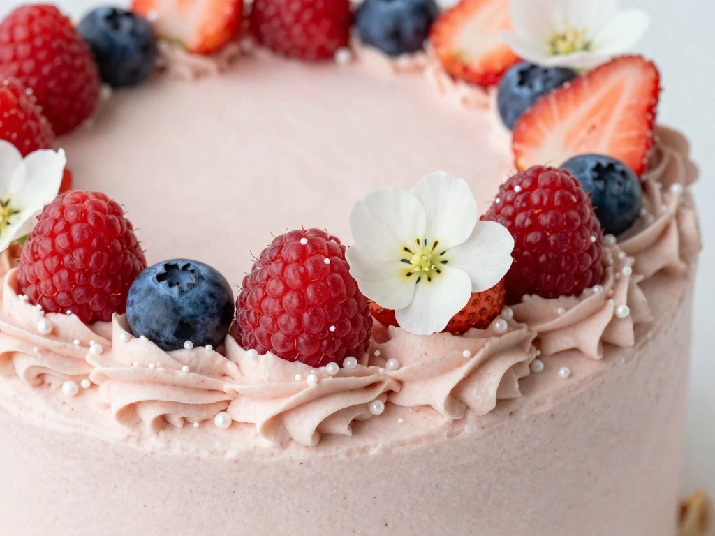 Berry and edible flower decoration on a women's birthday cake