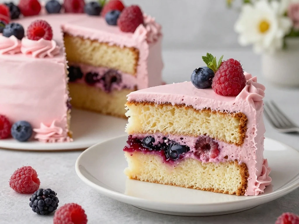 Slice of moist raspberry vanilla birthday cake ready to serve