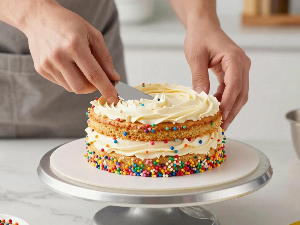 Mixing vanilla birthday cake batter with rainbow sprinkles