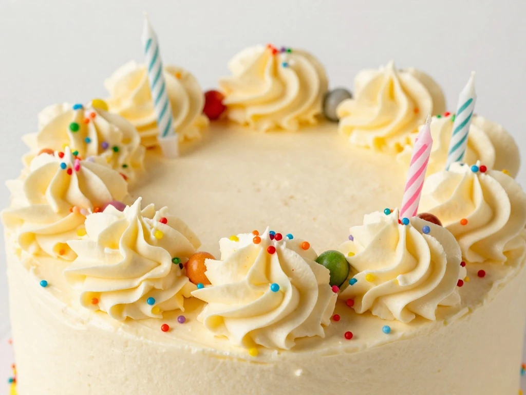 Rainbow sprinkles and buttercream decoration on birthday cake