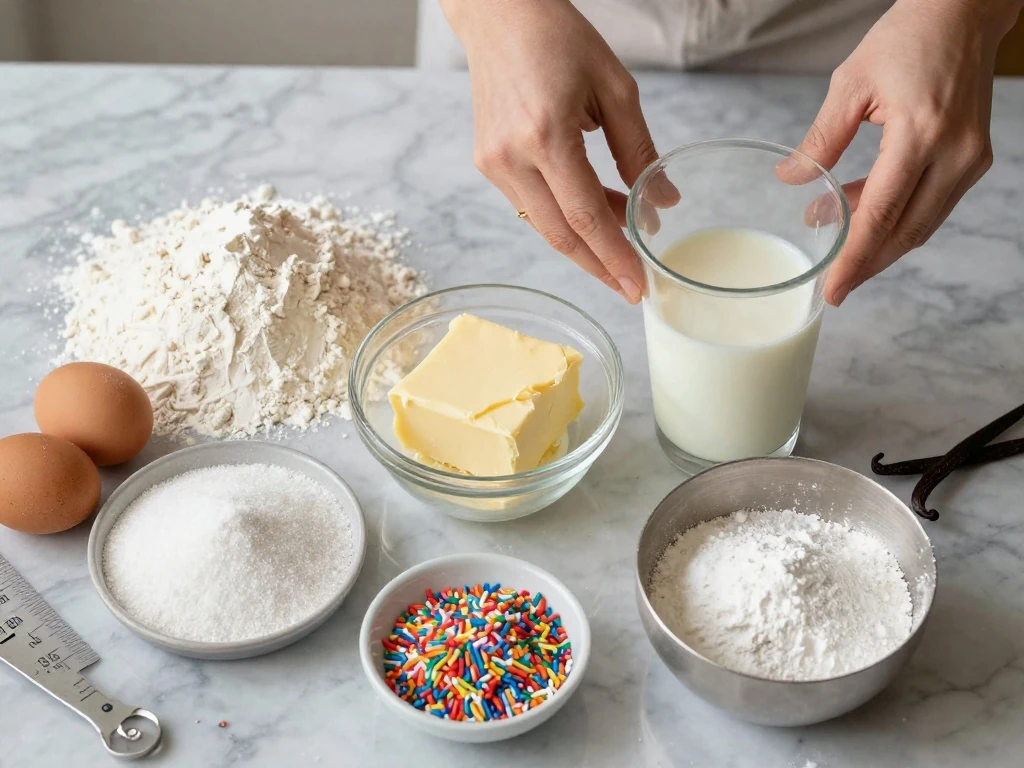 Ingredients for a homemade vanilla birthday cake and buttercream arranged on a counter