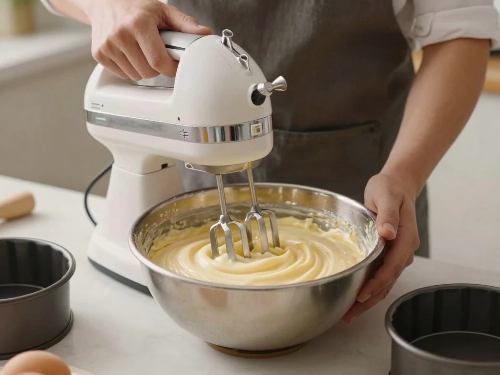 Mixing homemade vanilla birthday cake batter before baking