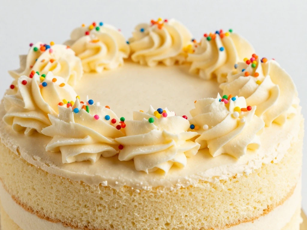 Decorating a vanilla birthday cake with buttercream swirls and rainbow sprinkles