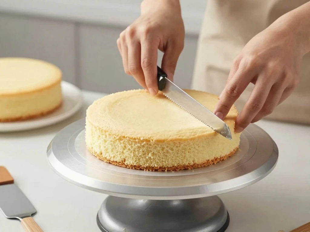 Leveling a homemade cake layer for an even birthday cake