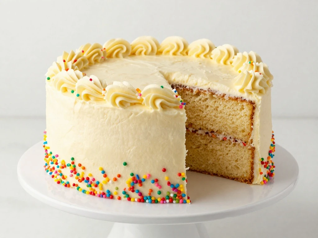 Two-layer vanilla birthday cake with buttercream and colorful sprinkles