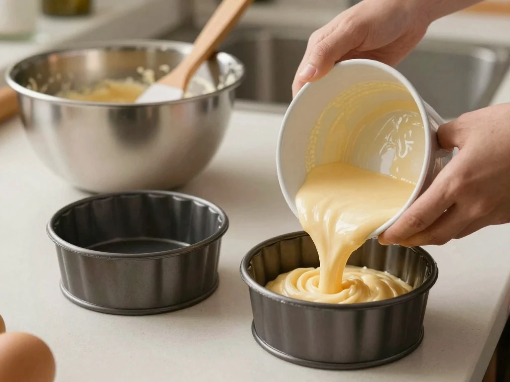 Birthday cake batter divided between two round cake tins
