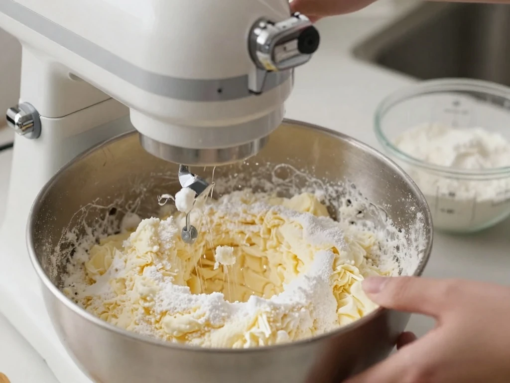 Butter and sugar being beaten for a soft birthday cake