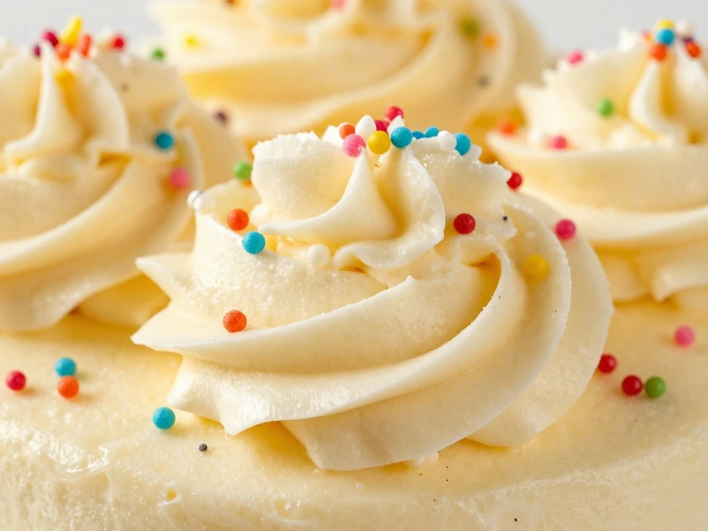 Colorful sprinkles decorating vanilla buttercream birthday cake