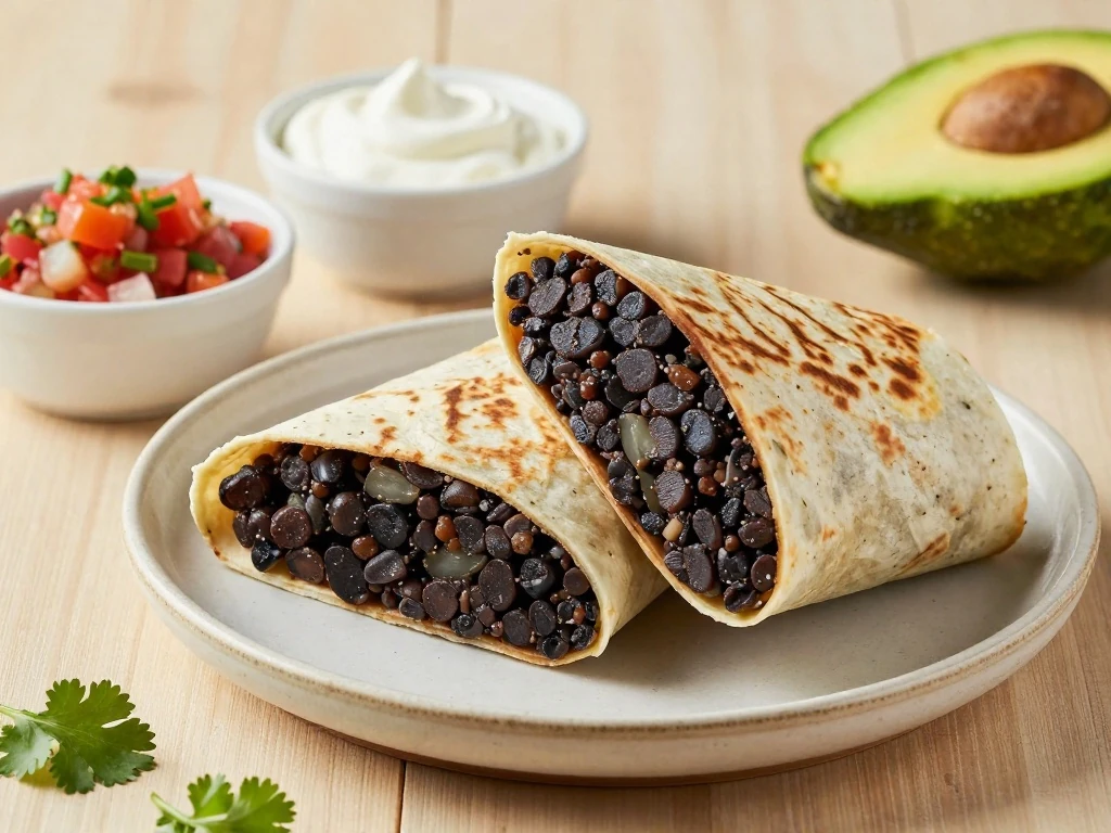 Sliced black bean burritos served with salsa and fresh toppings