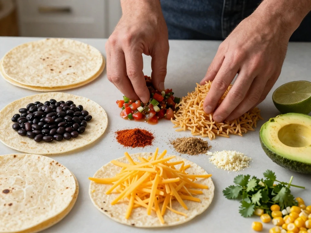 Ingredients for easy black bean burritos arranged in a flat lay