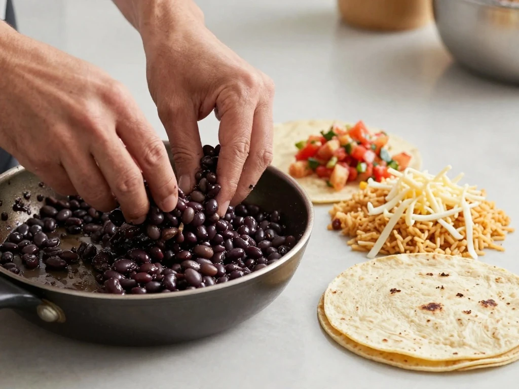 Partially mashed seasoned black beans prepared for burritos