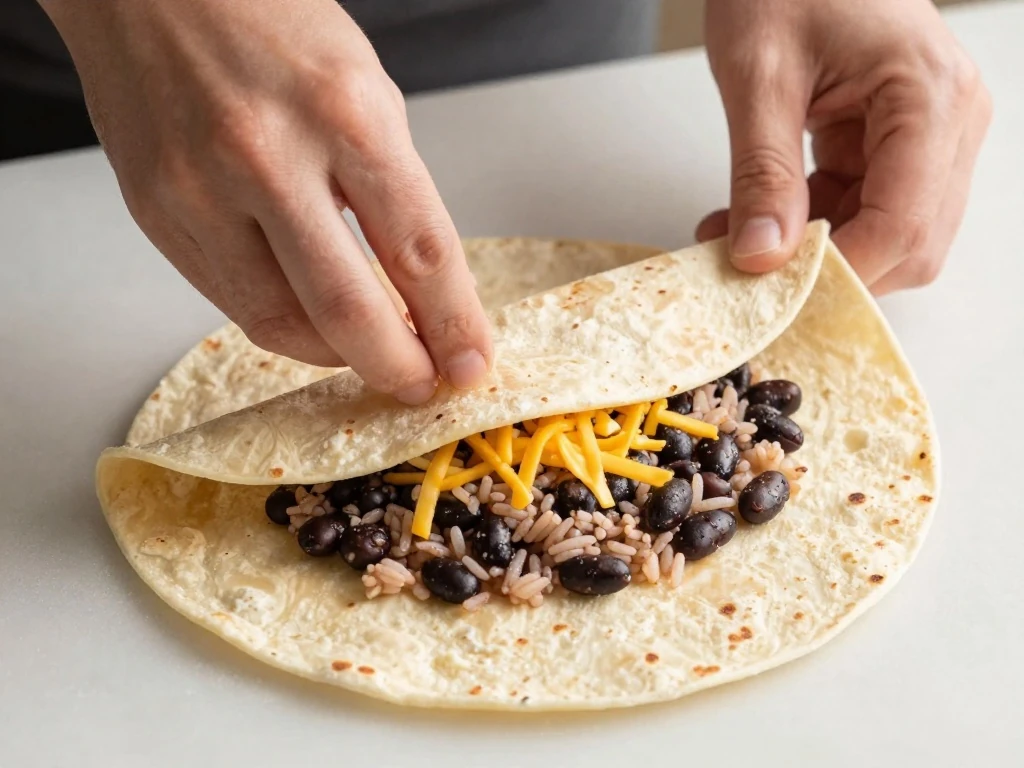 Tortilla filled and positioned for folding into a burrito