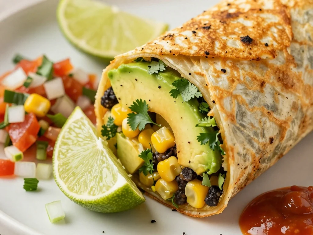 Crisped black bean burrito with avocado, cilantro, salsa, and lime