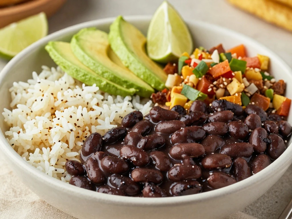 Easy black beans served with rice, avocado, and lime