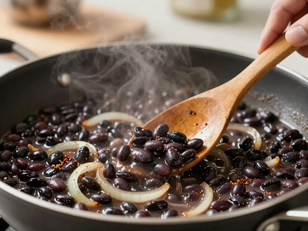 Black beans simmering with onion, garlic, and spices