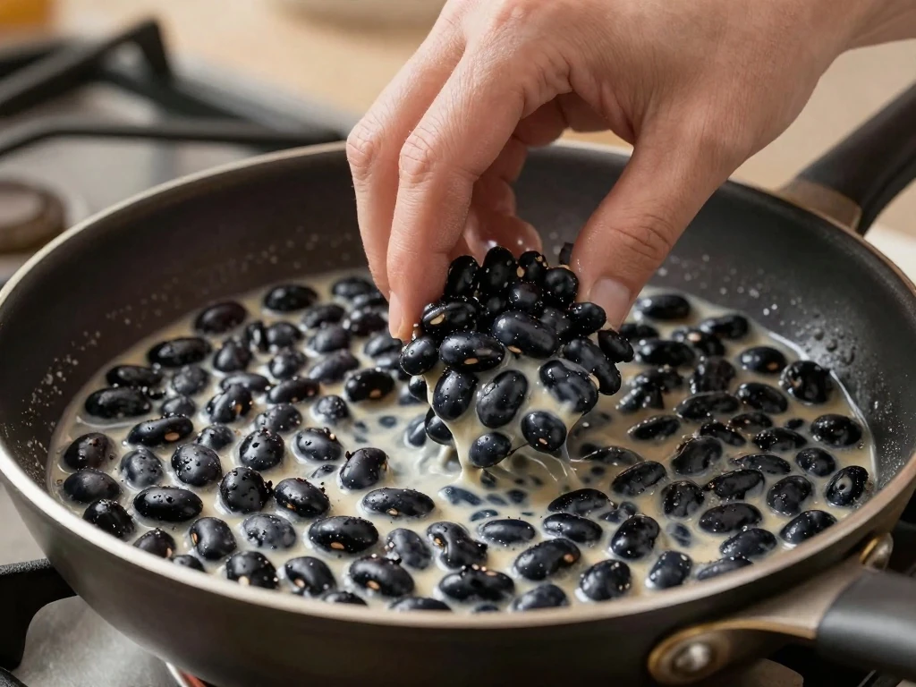 Mashing some black beans to create a creamy texture