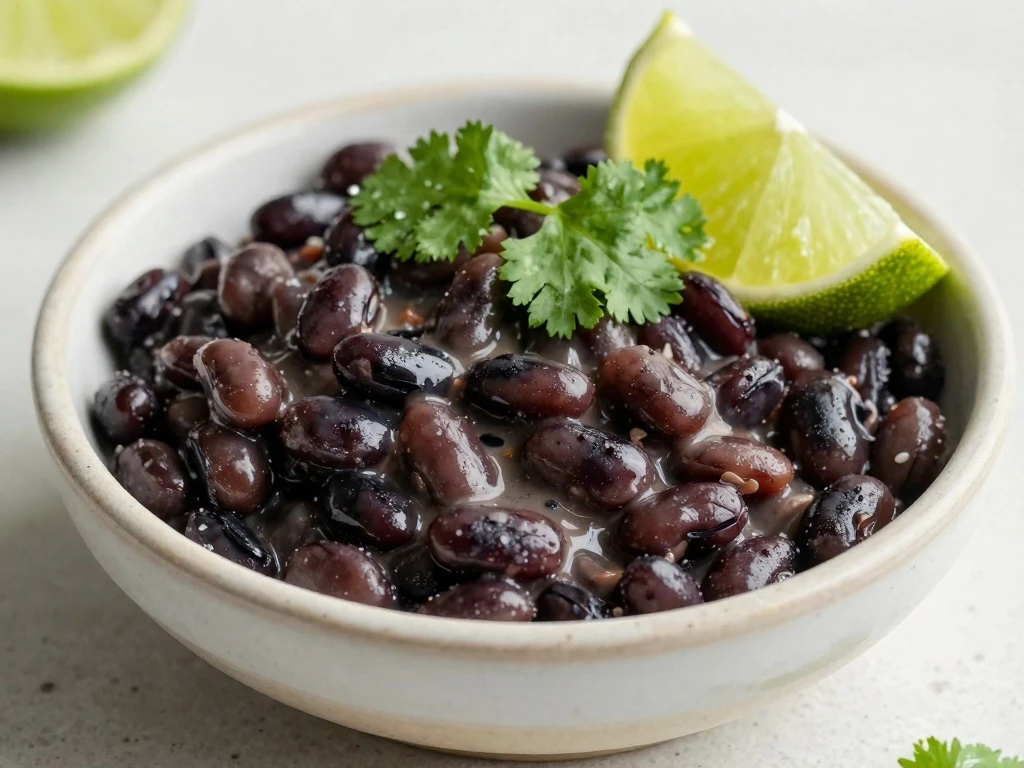 Reheated black beans garnished with cilantro and lime