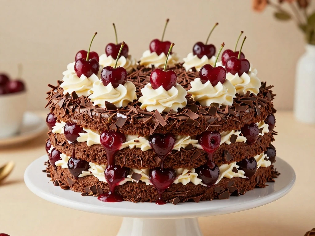 Tall Black Forest cake with chocolate layers, cherries, whipped cream, and chocolate shavings