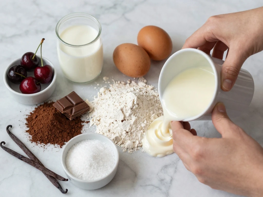 Ingredients for chocolate cherry Black Forest cake arranged on a marble counter