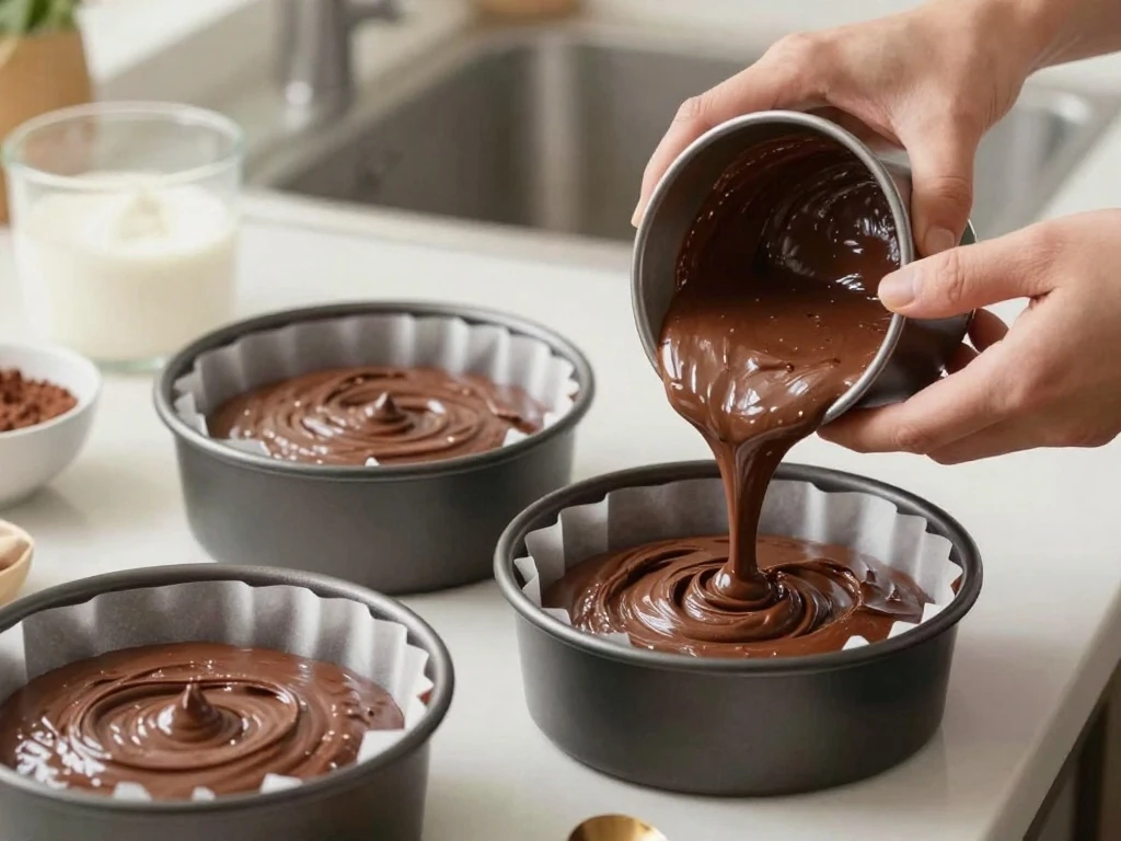 Chocolate cake batter being poured into round pans for Black Forest cake