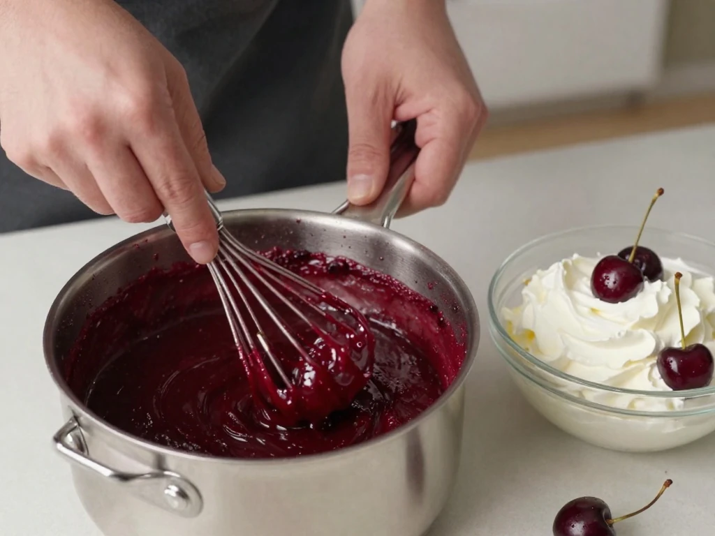 Cherry filling and whipped cream being prepared for Black Forest cake