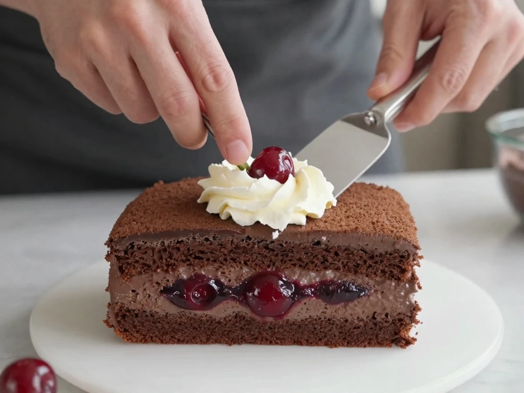 Whipped cream and cherry filling layered between chocolate cake rounds