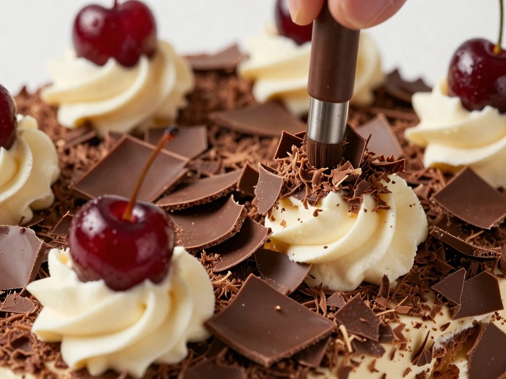 Chocolate shavings and cherries decorating a Black Forest cake