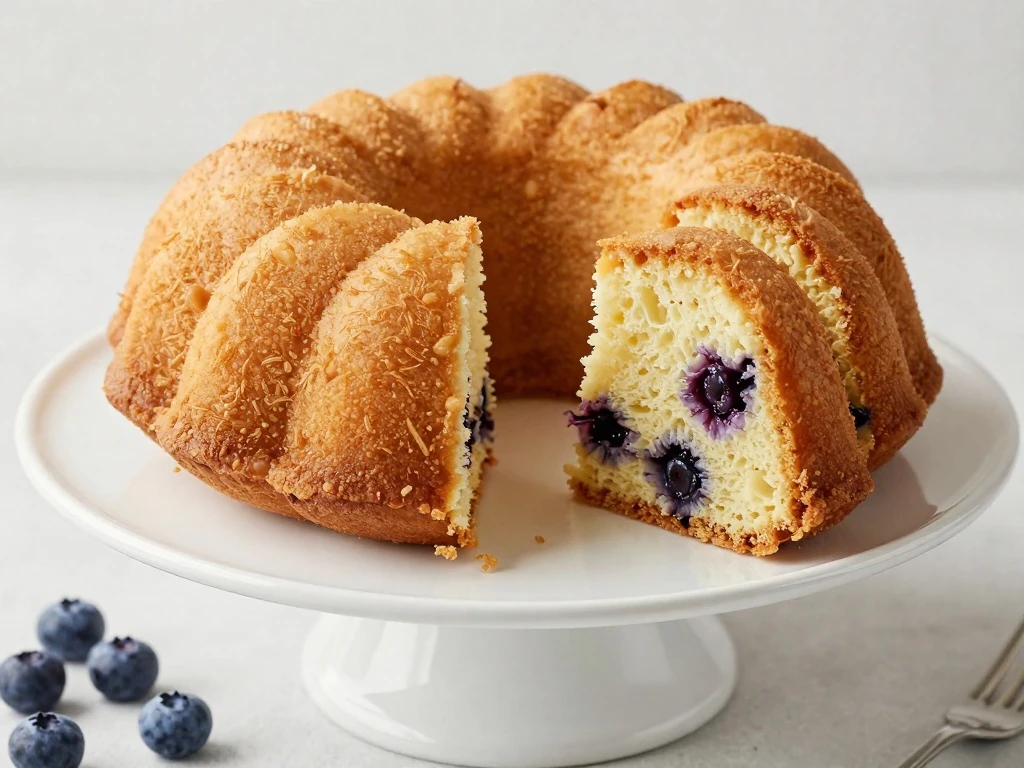 Sliced blueberry pound cake showing a moist crumb and fresh blueberries