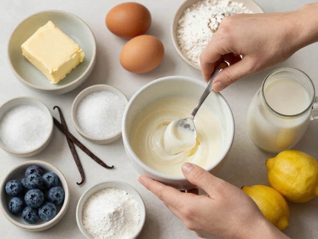 Ingredients for homemade blueberry pound cake arranged on a counter