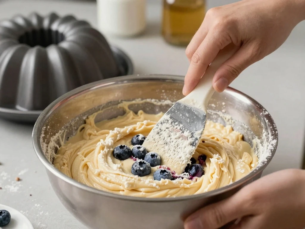 Folding flour-coated blueberries into pound cake batter