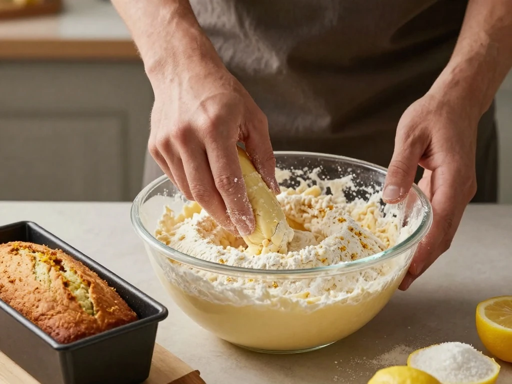 Folding lemon loaf batter before baking