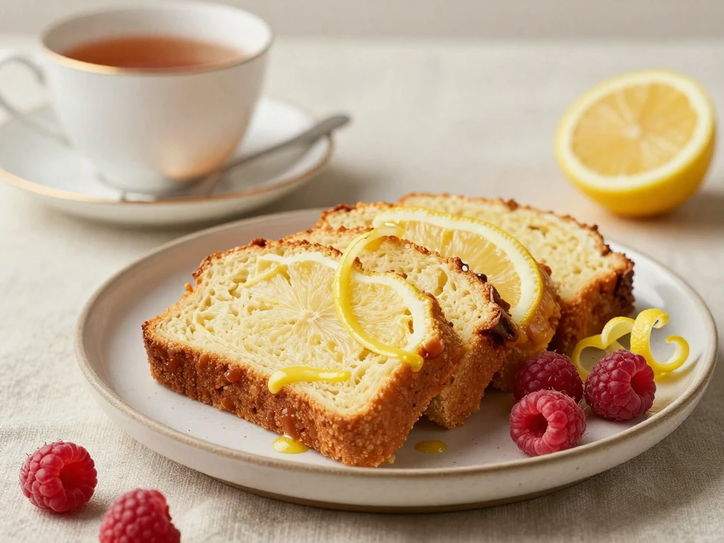 Lemon loaf slices served with berries and tea