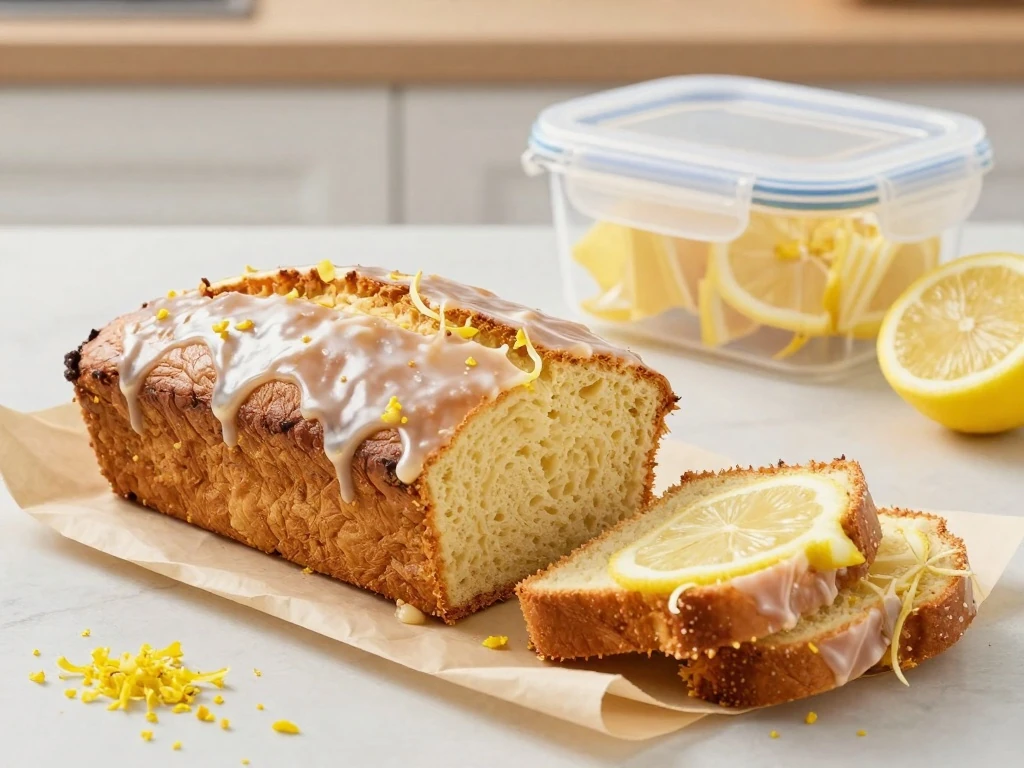 Stored glazed lemon loaf ready for serving