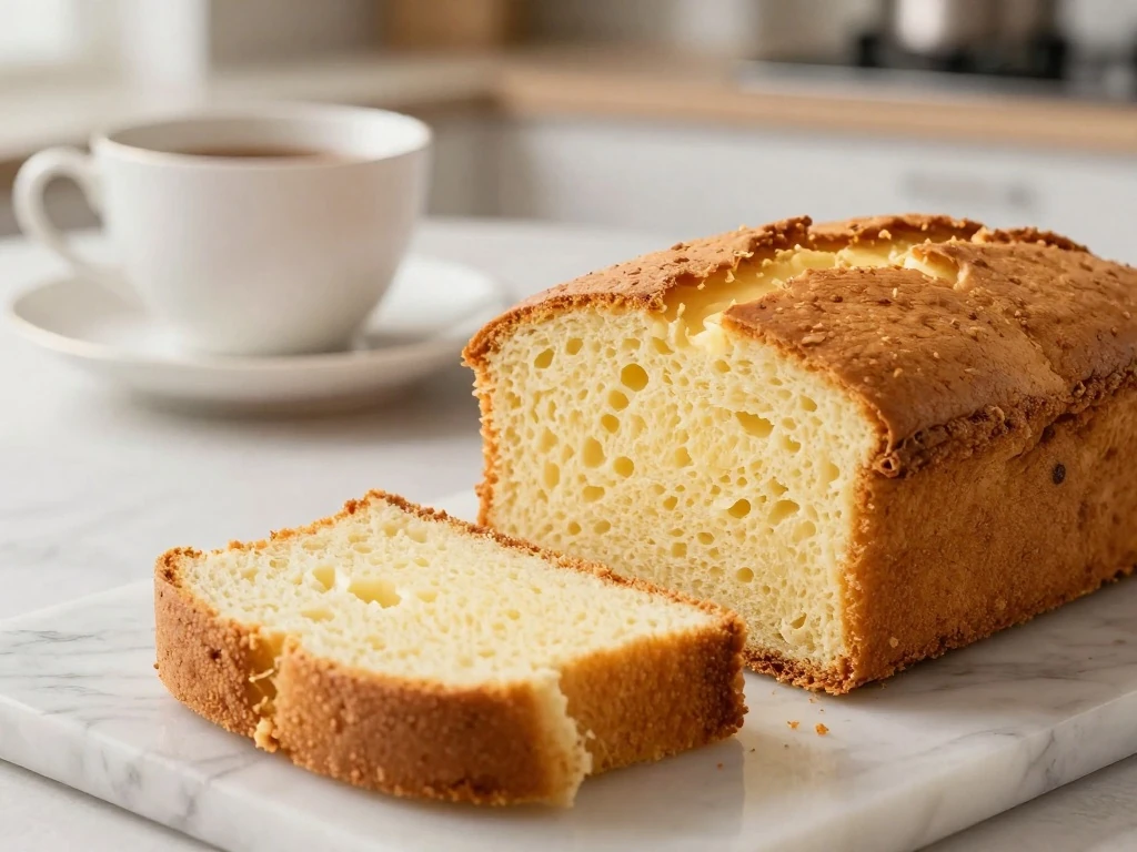 Whole homemade butter cake with a slice showing its tender crumb