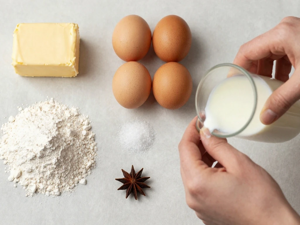 Ingredients for an easy butter cake arranged for baking