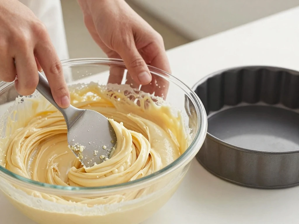 Thick butter cake batter being gently folded before baking