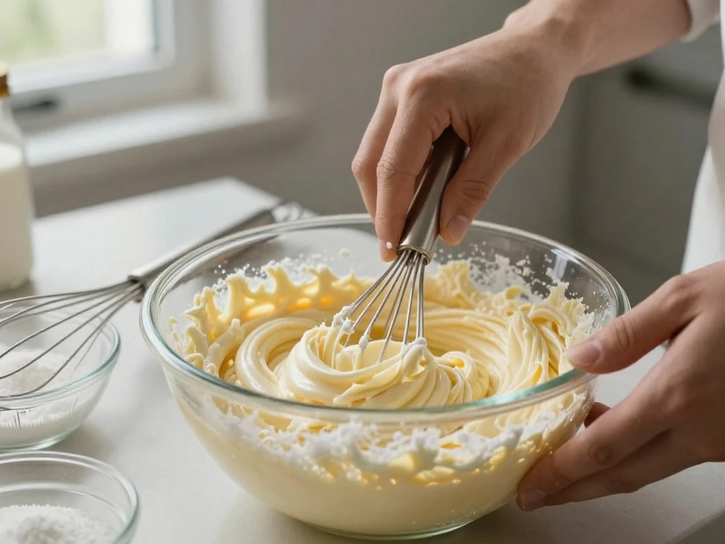 Creamed butter and sugar prepared for a light butter cake