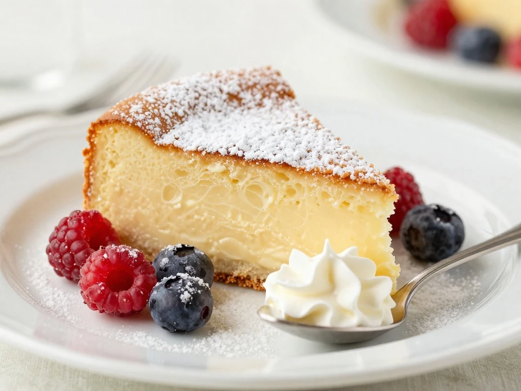 Butter cake slice served with powdered sugar, berries, and cream