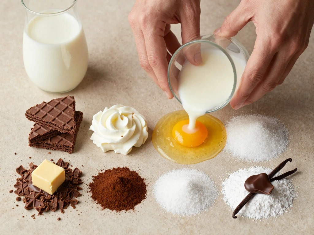 Ingredients for café con leche cream pie arranged in a flat lay