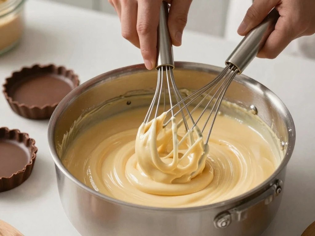 Whisking coffee pastry cream for café con leche pie