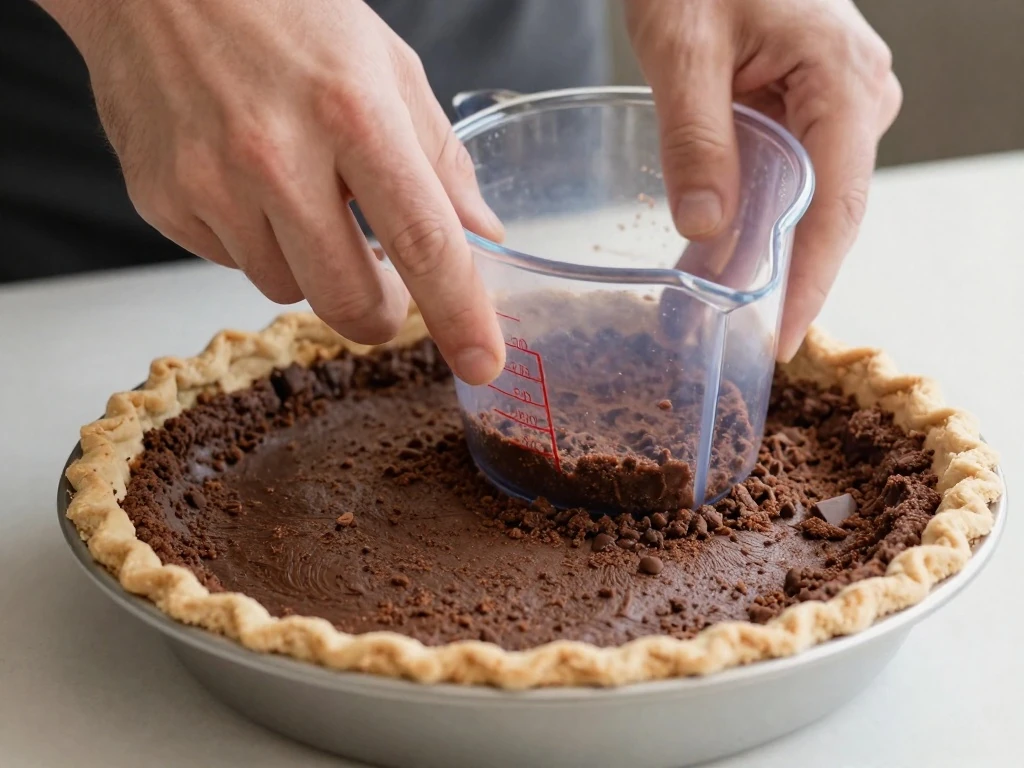 Pressing chocolate cookie crumbs firmly into a pie crust