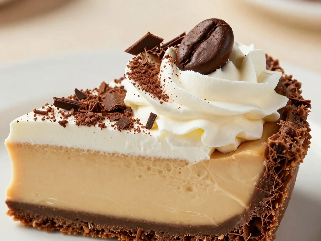 Close-up slice of café con leche cream pie with chocolate garnish
