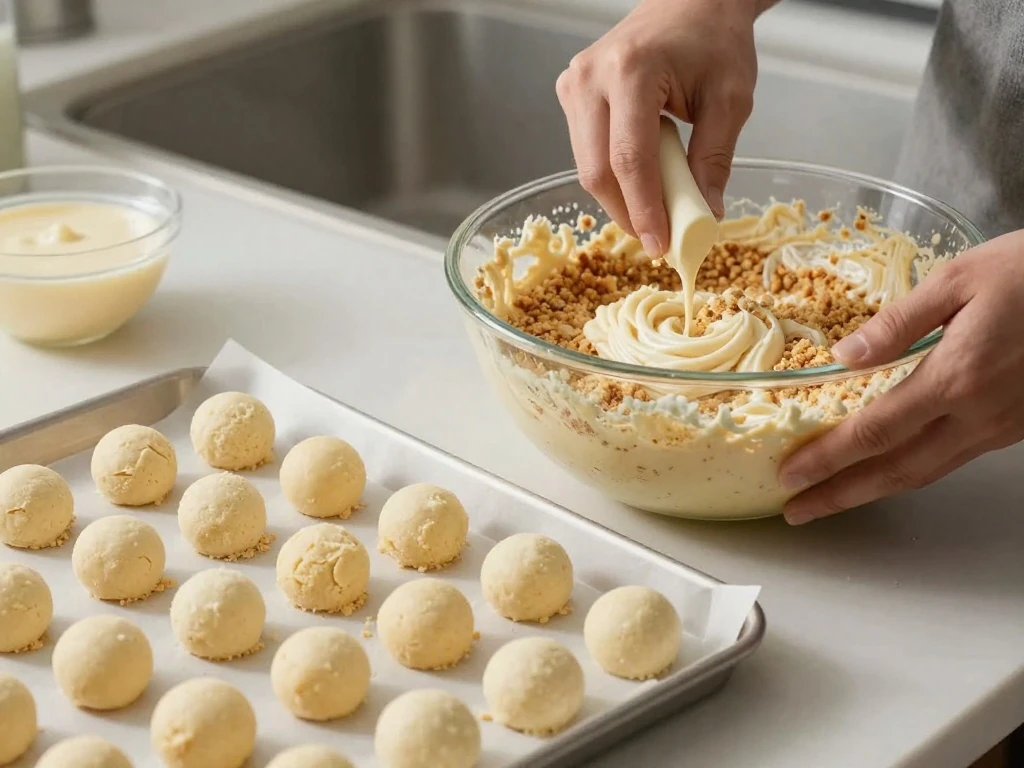 Cake crumbs mixed with frosting before rolling cake balls