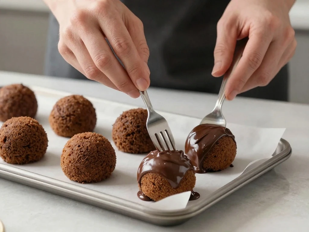 Dipping a chilled cake ball in melted chocolate coating