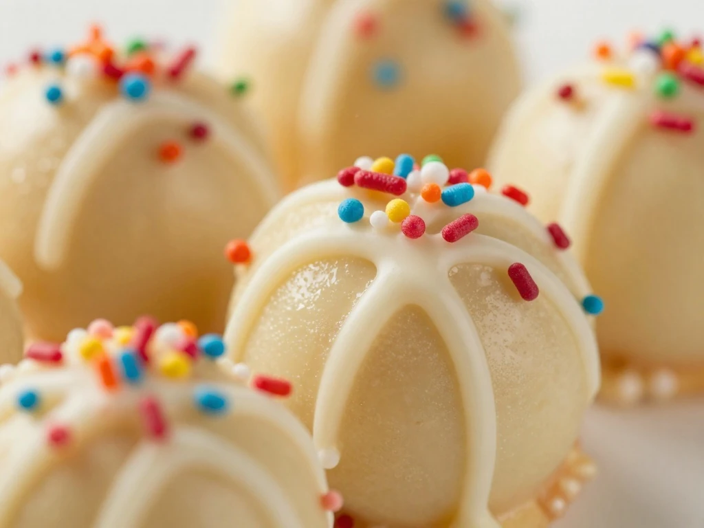 Decorated cake balls with sprinkles and chocolate drizzle