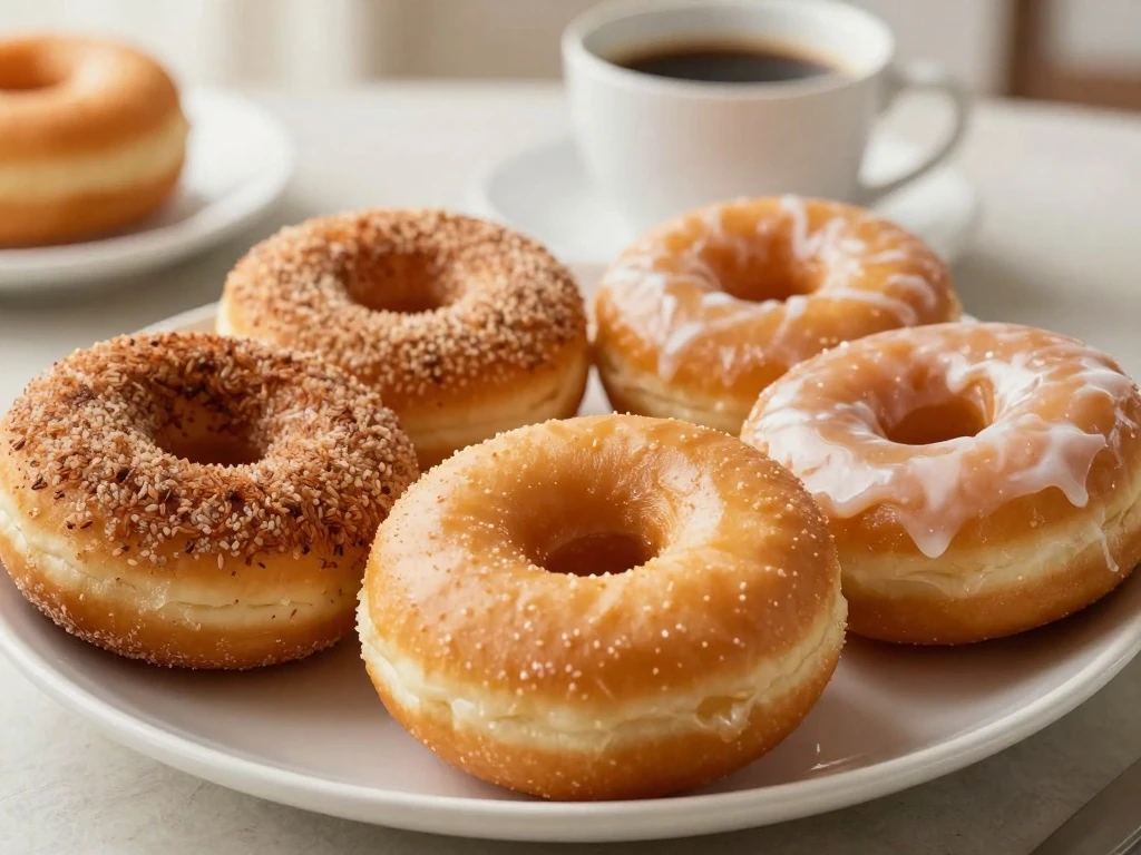 Plate of homemade classic cake donuts with cinnamon sugar and vanilla glaze